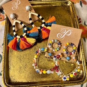 Plunder Design Earring Set: Colorful Boho Tassel & Rainbow Beaded Heart Earrings